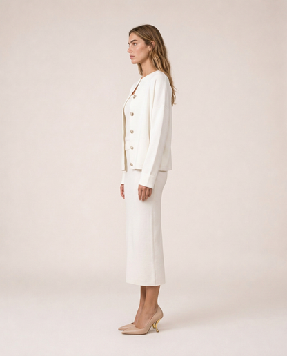Siena white knit three-piece set with cardigan, top and midi skirt, side view