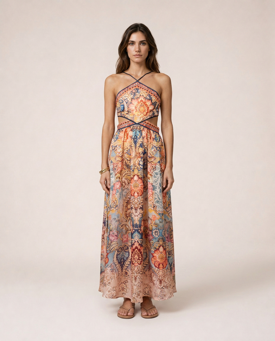 Sofia Dress featuring a Mediterranean-inspired ornamental print, halter neckline, fitted silhouette and asymmetrical handkerchief hem