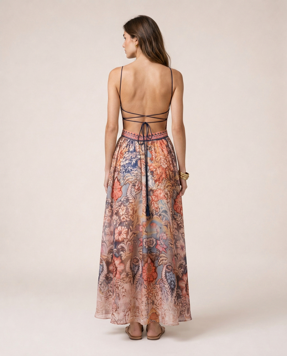 Sofia Dress featuring a Mediterranean-inspired ornamental print, halter neckline, fitted silhouette and asymmetrical handkerchief hem