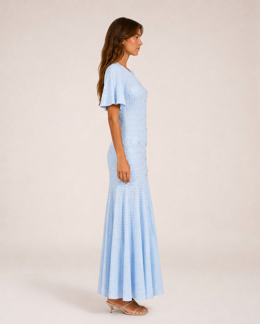 Sole Knit Midi Dress side view light blue flowing knit dress