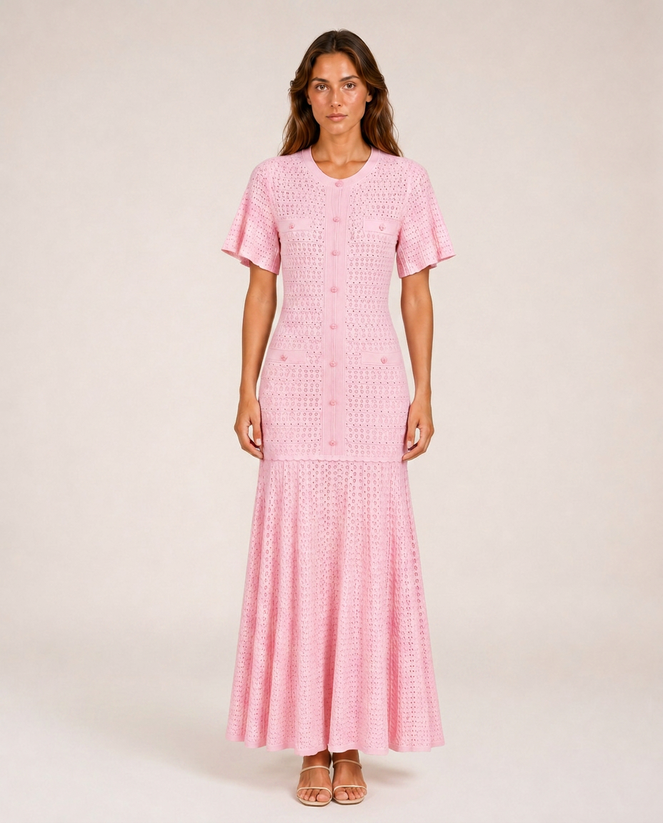 Sole Knit Midi Dress front view pink embellished knit midi dress