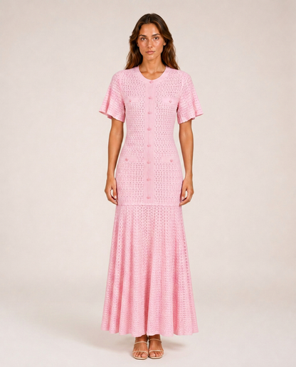 Sole Knit Midi Dress front view pink embellished knit midi dress