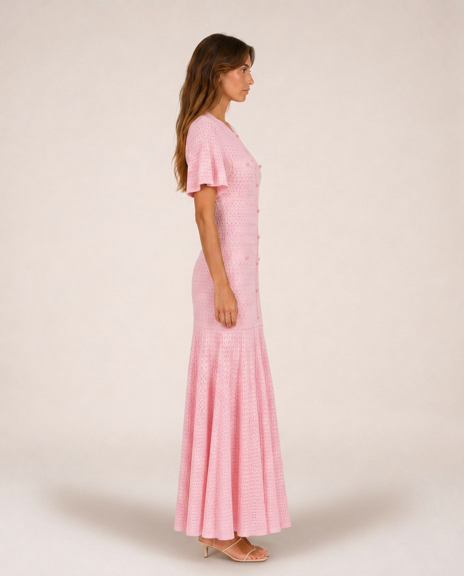 Sole Knit Midi Dress side view pink textured knit dress silhouette