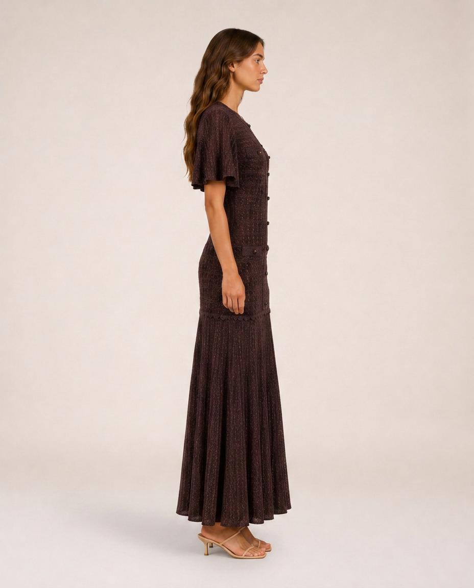 Sole Knit Midi Dress side view dark brown flowing knit dress