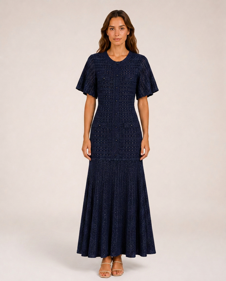 Sole Knit Midi Dress front view navy blue embellished knit midi dress