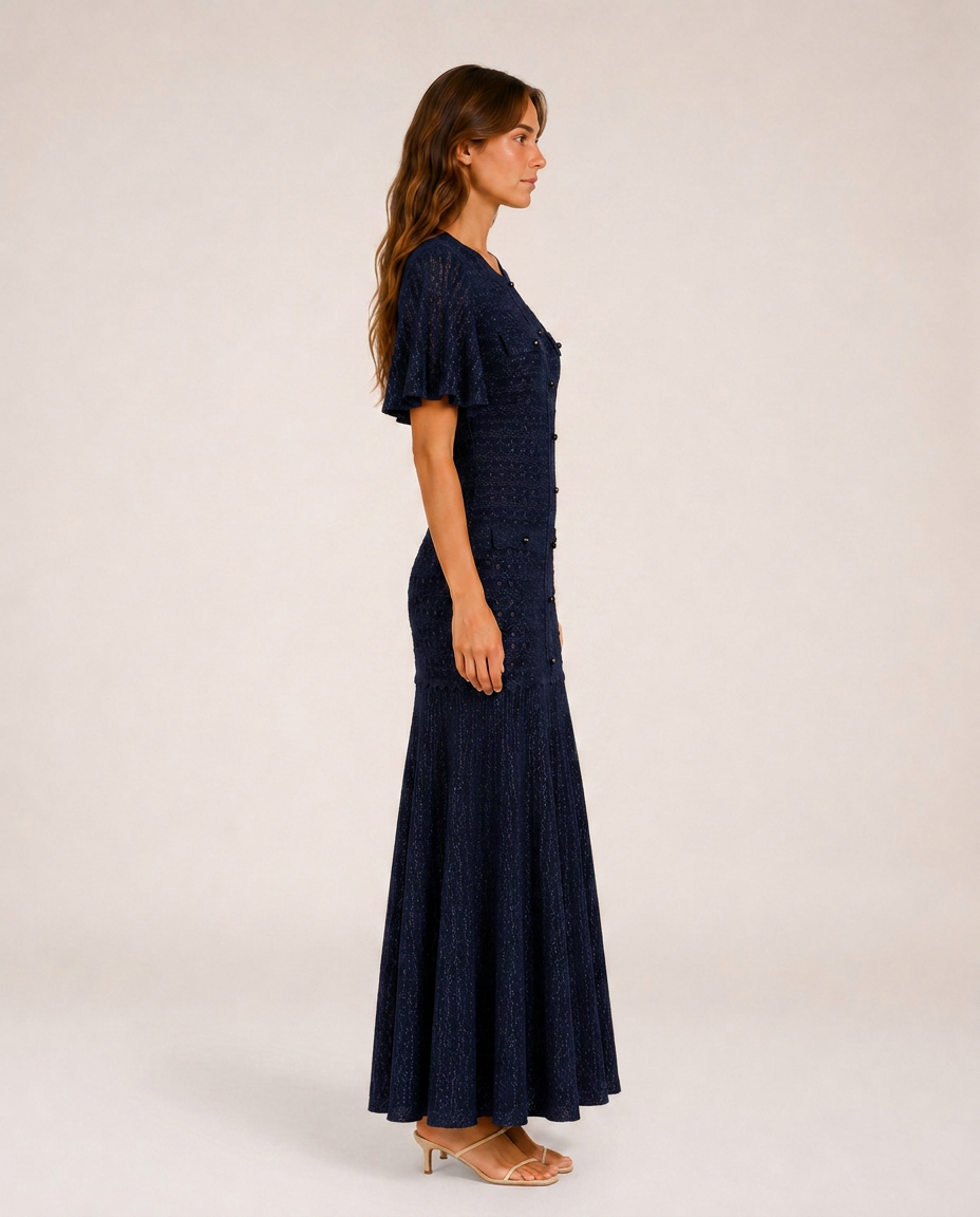 Sole Knit Midi Dress side view navy blue textured knit dress silhouette