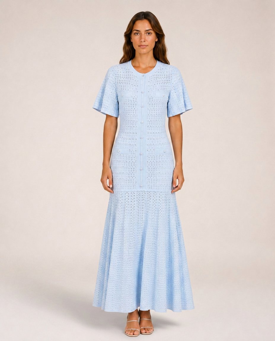 Sole Knit Midi Dress front view light blue textured knit midi dress