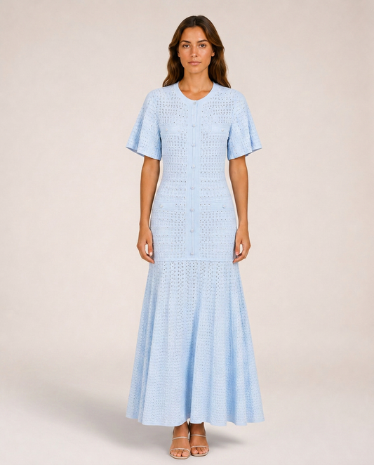 Sole Knit Midi Dress front view light blue textured knit midi dress