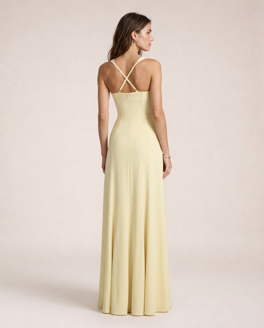 Sorbete di Limone Maxi Dress back view featuring delicate crossed straps, open back detail and graceful flowing silhouette in buttery lemon yellow