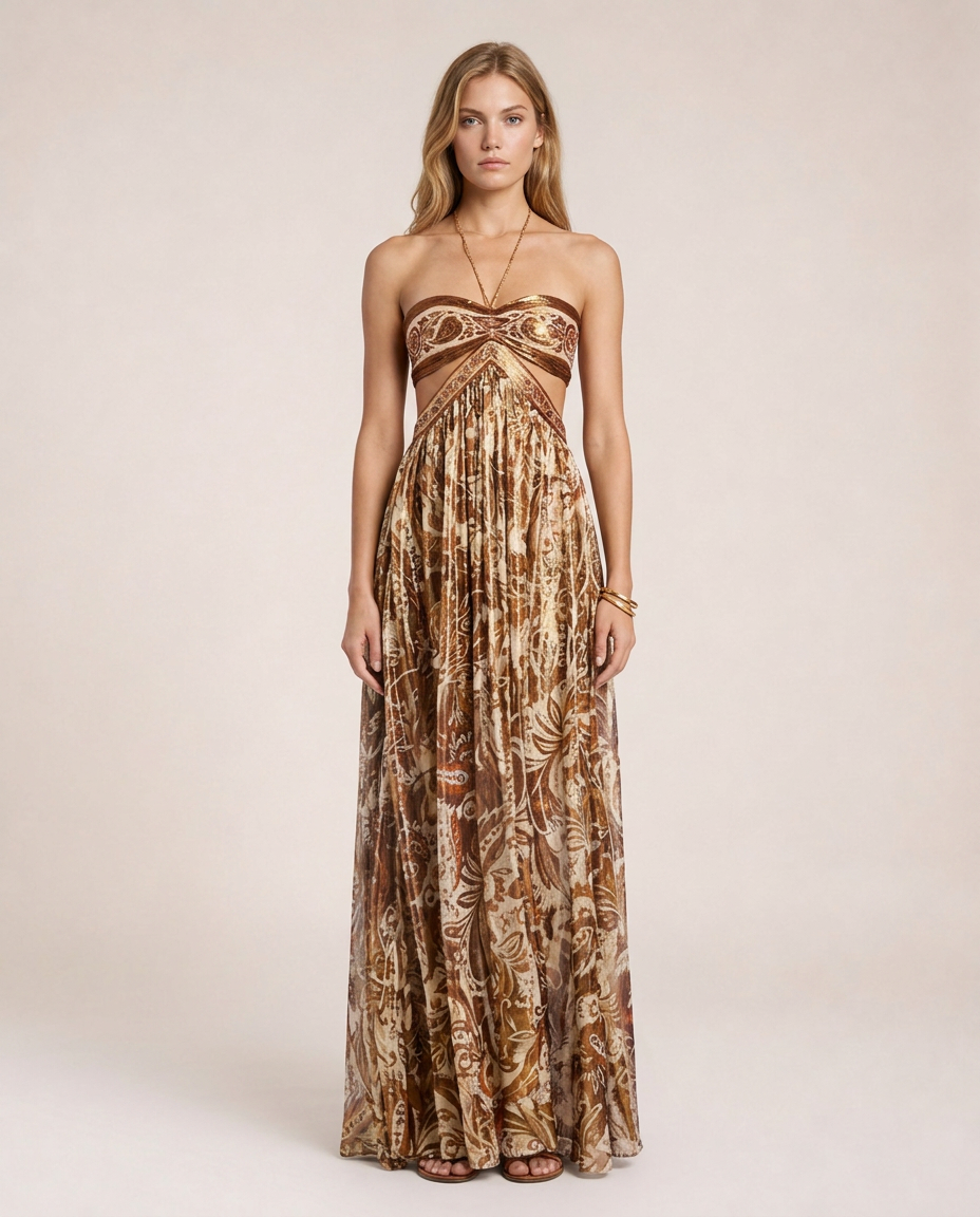 Terra di Siena Maxi Dress featuring a brown Mediterranean-inspired print, bandeau neckline, open back with halter tie and flowing full-length skirt