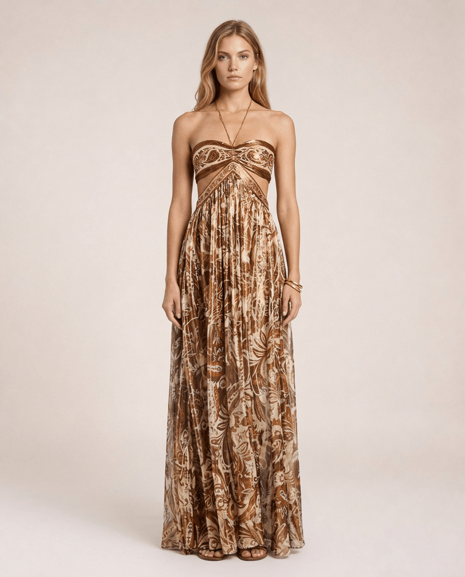 Terra di Siena Maxi Dress featuring a brown Mediterranean-inspired print, bandeau neckline, open back with halter tie and flowing full-length skirt