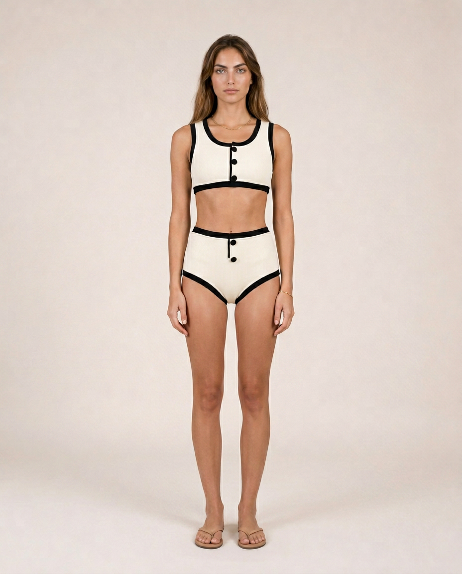 Thalassa ivory and black contrast bikini vintage-inspired luxury swimwear elegant mediterranean resort style front view