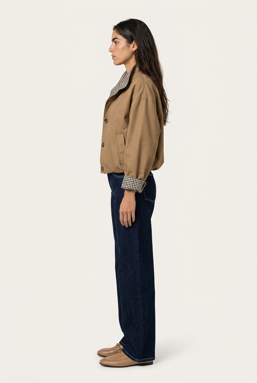 Varenna Chaqueta Camel para mujer en vista tres cuartos con interior y puños de cuadros