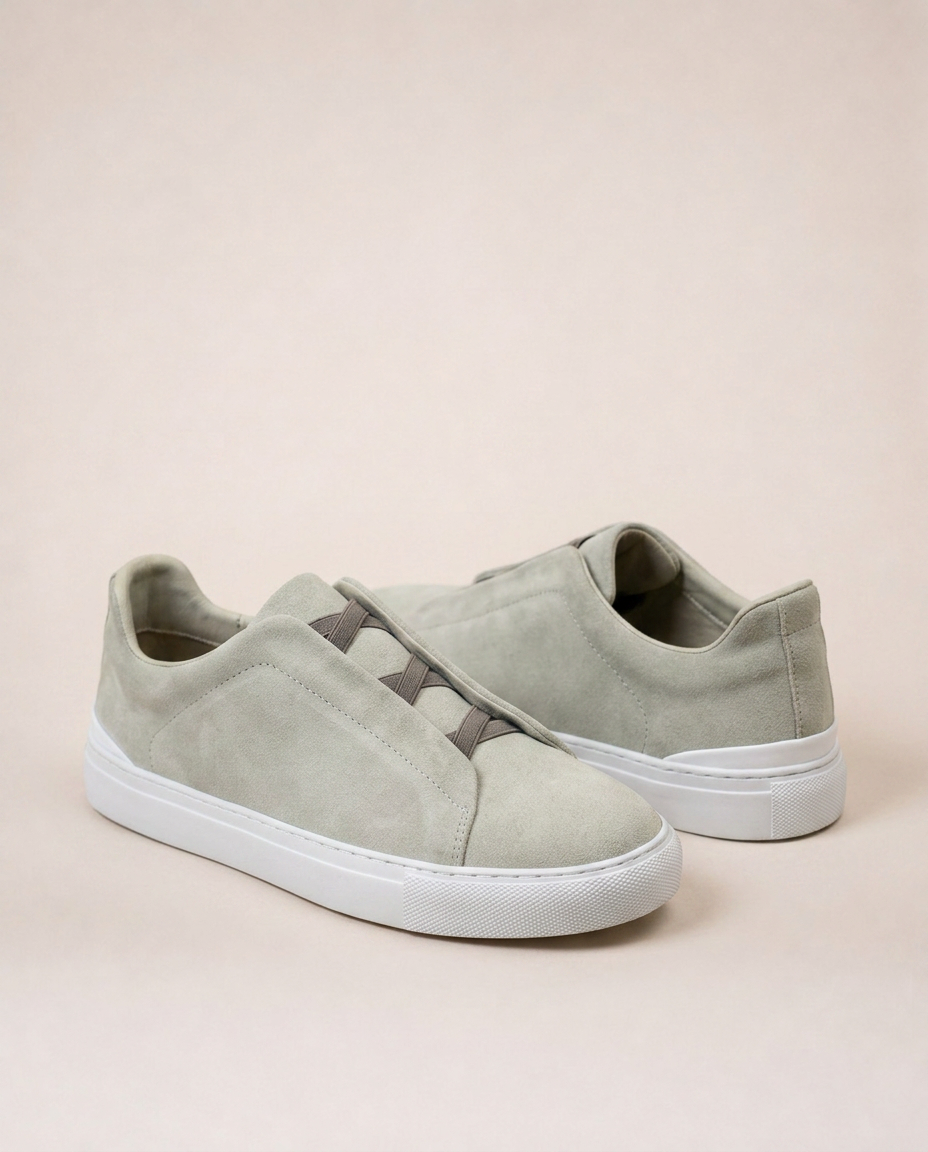 Vittorio light grey suede slip-on sneakers minimalist luxury men’s resort footwear mediterranean style front view