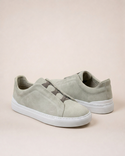 Vittorio light grey suede slip-on sneakers minimalist luxury men’s resort footwear mediterranean style front view