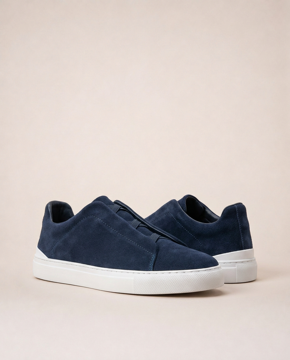 Vittorio navy suede slip-on sneakers minimalist luxury men’s resort footwear mediterranean coastal style front view