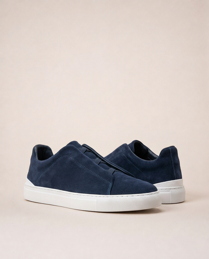 Vittorio navy suede slip-on sneakers minimalist luxury men’s resort footwear mediterranean coastal style front view