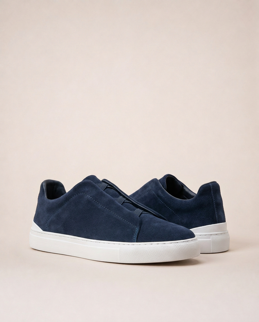 Vittorio navy suede slip-on sneakers minimalist luxury men’s resort footwear mediterranean coastal style front view