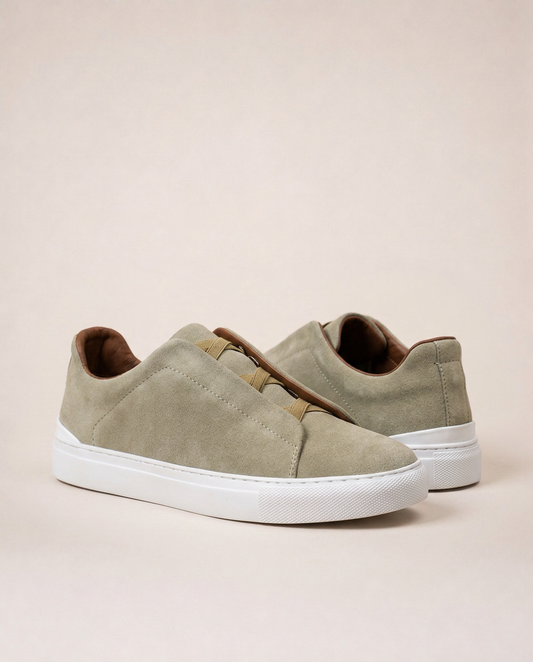 Vittorio beige suede slip-on sneakers minimalist luxury men’s resort footwear mediterranean summer style front view