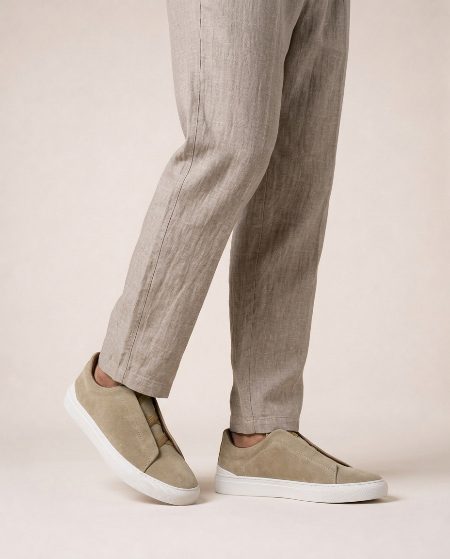 Vittorio beige suede slip-on sneakers worn with linen trousers relaxed italian coastal resort look side detail