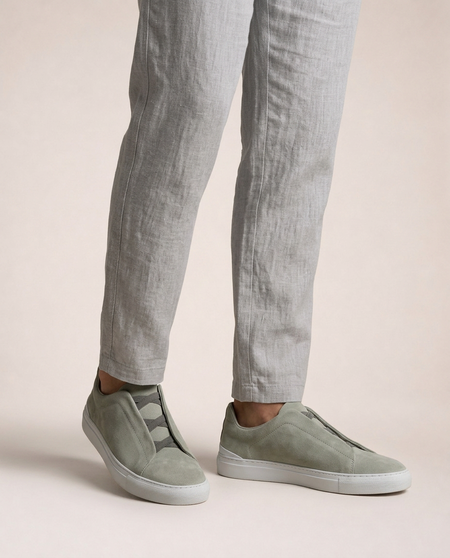 Vittorio light grey suede slip-on sneakers worn with linen trousers relaxed italian summer resort look side detail