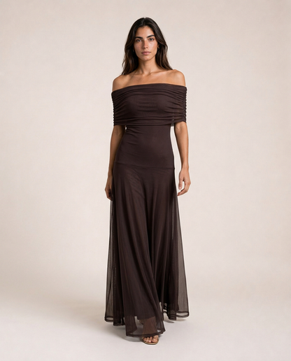 Alessia Maxi Dress in chocolate brown showing the ruched off-shoulder bodice and elegant floor-length silhouette