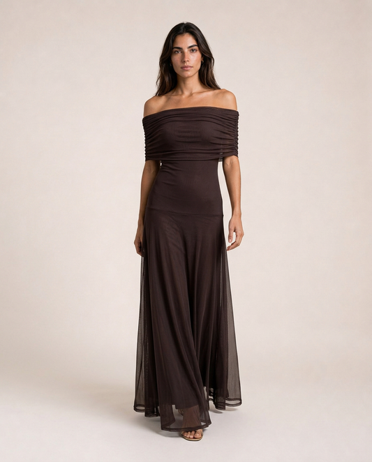 Alessia Maxi Dress in chocolate brown showing the ruched off-shoulder bodice and elegant floor-length silhouette