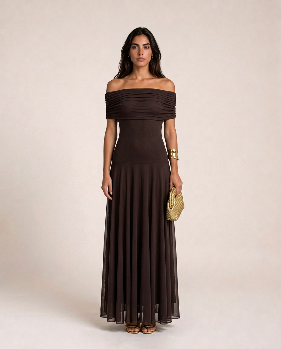 Alessia Maxi Dress in chocolate brown with an off-shoulder neckline and flowing sheer skirt