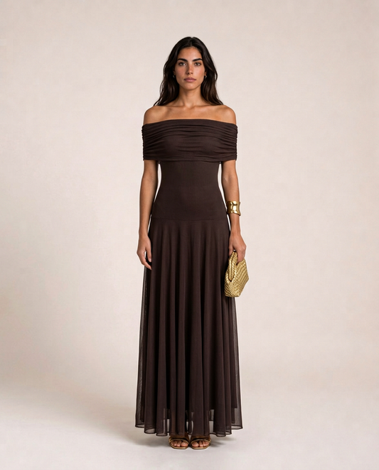 Alessia Maxi Dress in chocolate brown with an off-shoulder neckline and flowing sheer skirt