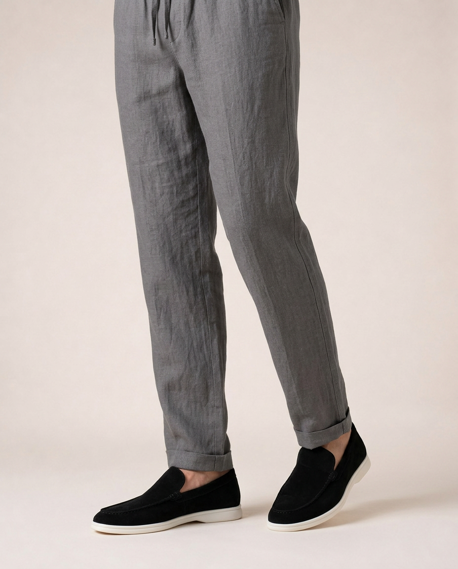 Bellagio Linen Pants close-up grey lightweight linen straight-leg trousers