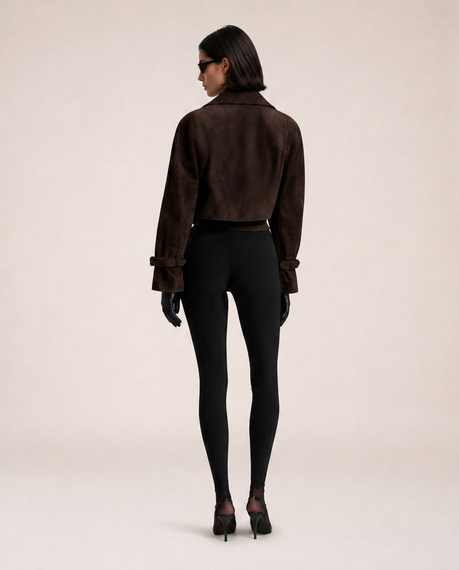 Chioma Suede Jacket in brown showing the cropped back and buckle cuff details