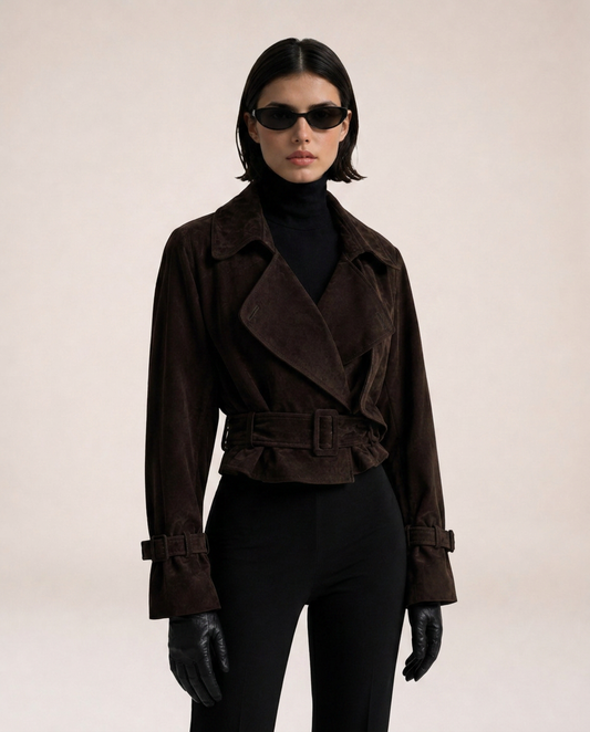 Close-up of the Chioma Suede Jacket in brown showing the lapels and buckle belt