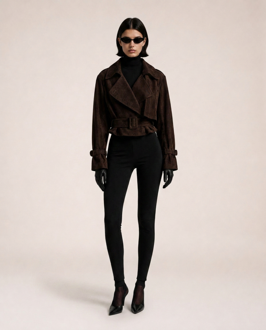 Chioma Suede Jacket in brown with oversized lapels and belted waist