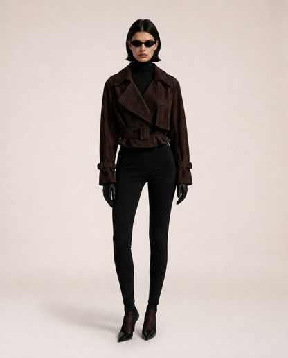 Chioma Suede Jacket in brown with oversized lapels and belted waist