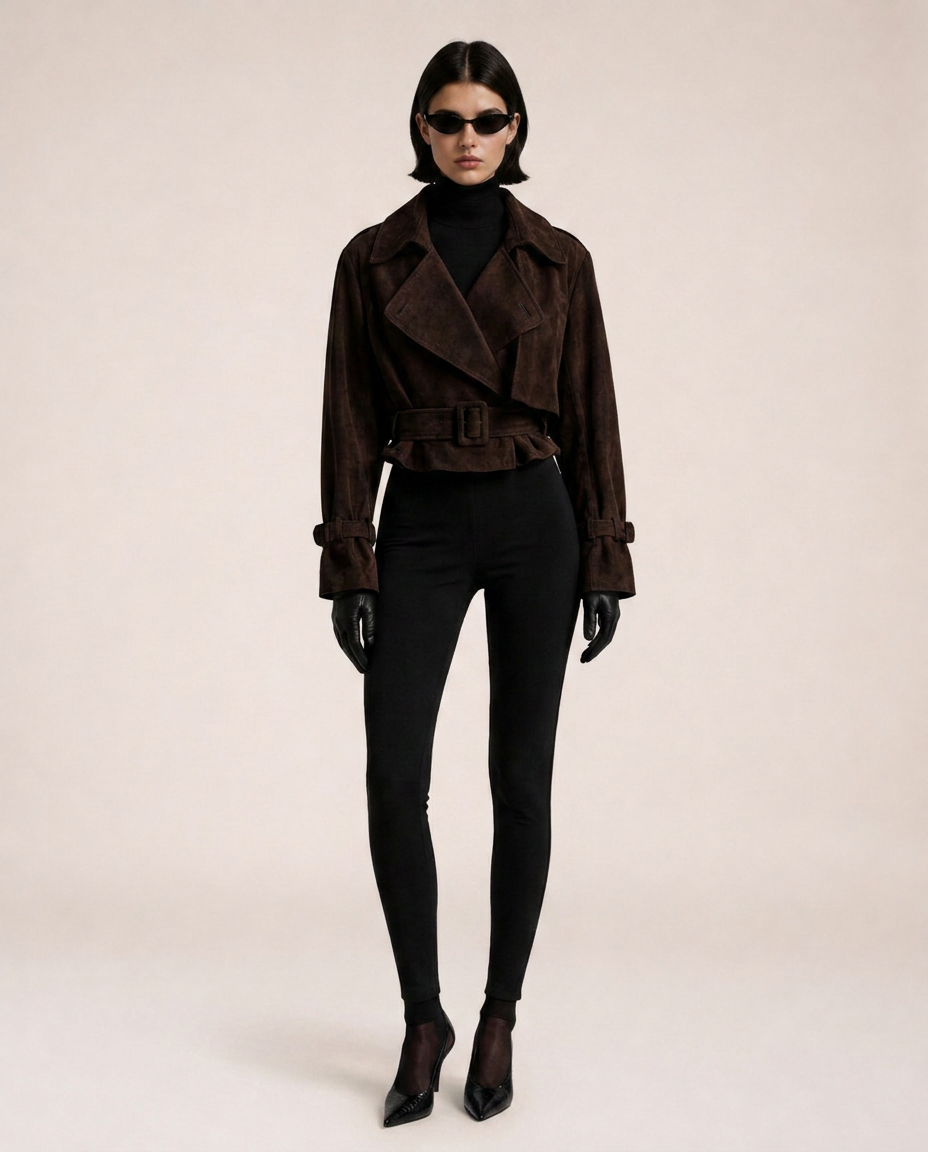 Model wearing the Chioma Suede Jacket in brown with a belted waist and long sleeves