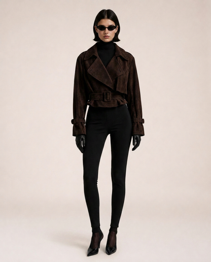 Model wearing the Chioma Suede Jacket in brown with a belted waist and long sleeves