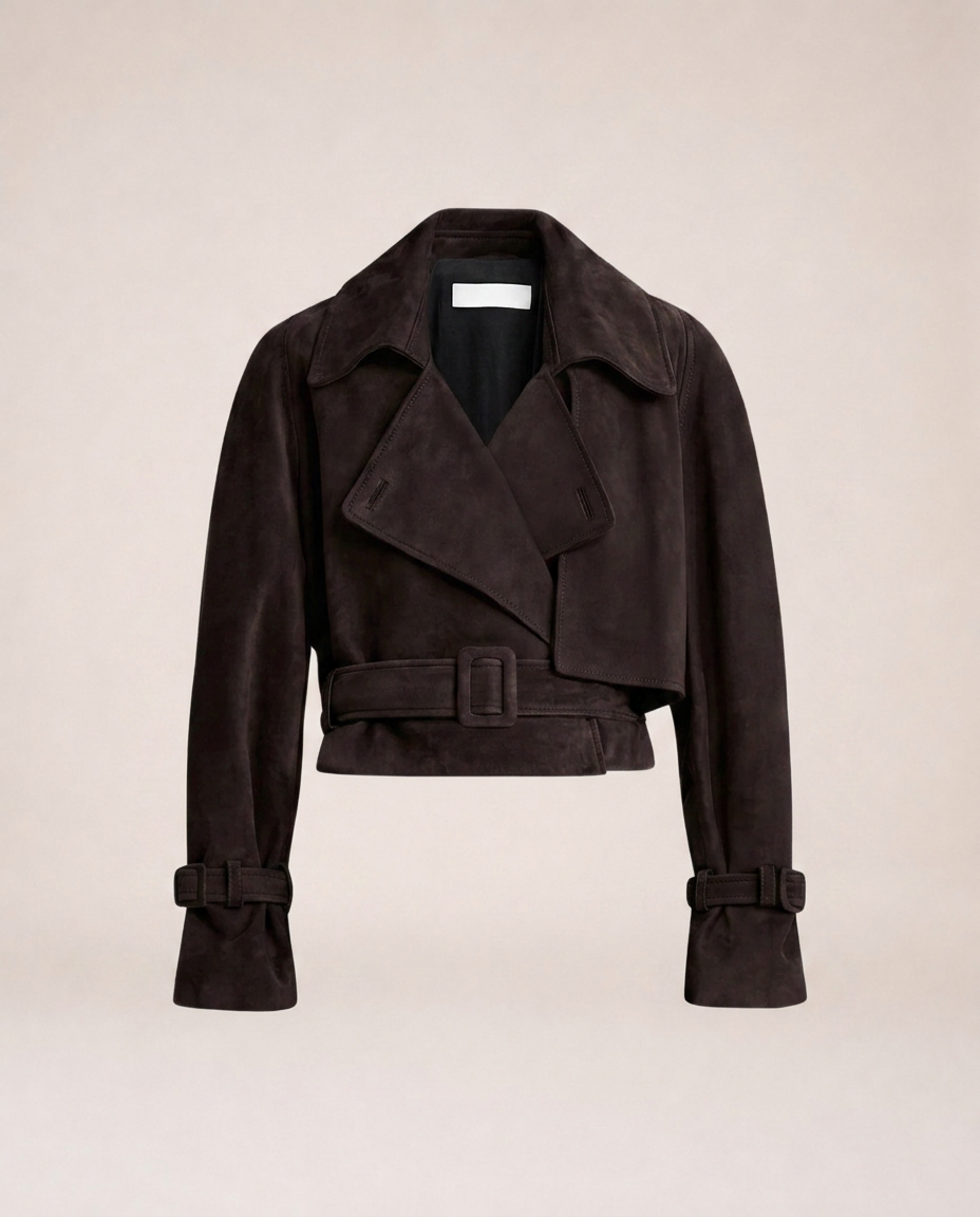 Chioma Suede Jacket in brown with oversized lapels, belted waist and buckle cuffs