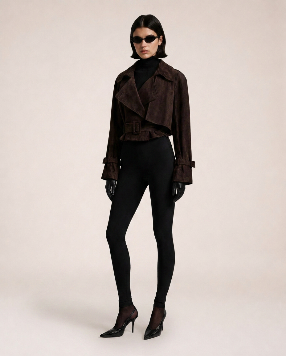 Chioma Suede Jacket in brown featuring oversized lapels, belted waist and buckle cuffs