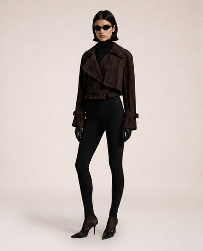 Chioma Suede Jacket in brown featuring oversized lapels, belted waist and buckle cuffs