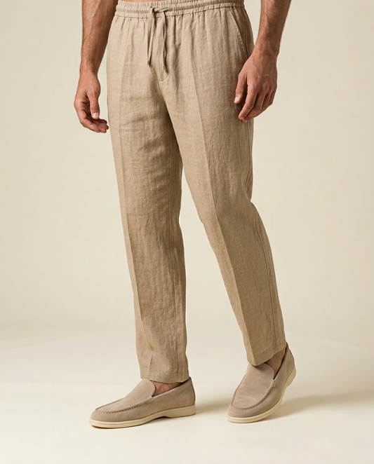 Levante Linen Pants close-up beige lightweight linen straight-leg trousers