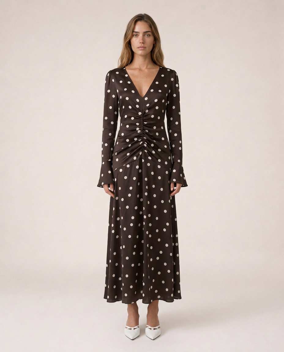 Livia vestido midi de lunares chocolate con detalle de fruncido central