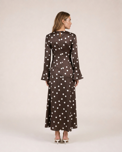 Livia vestido midi de lunares chocolate y crema visto de espaldas