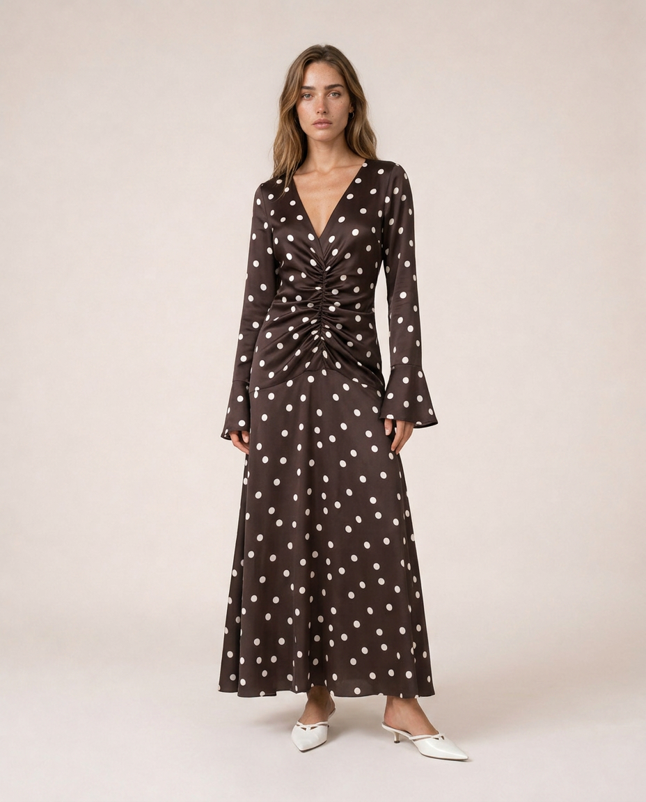 Livia vestido midi de lunares chocolate y crema visto de frente