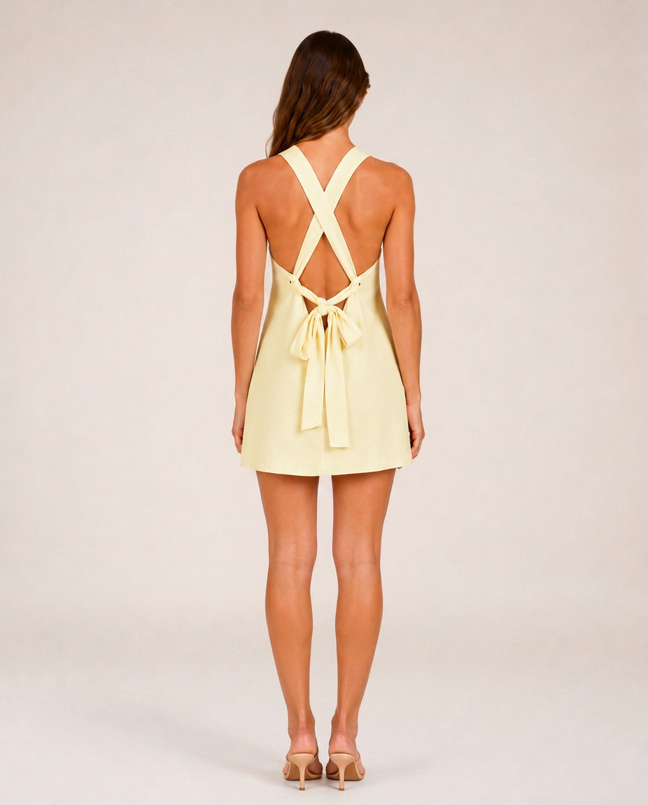 Marbella Mini Dress rear view showing crossed straps and tie-back detail