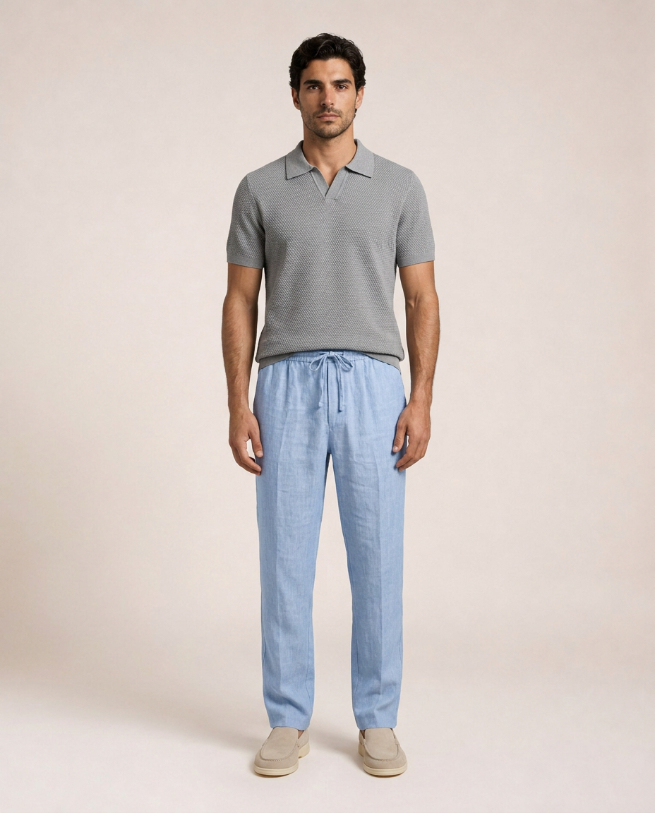 Marcello Cotton Knit Polo front view grey textured cotton polo shirt