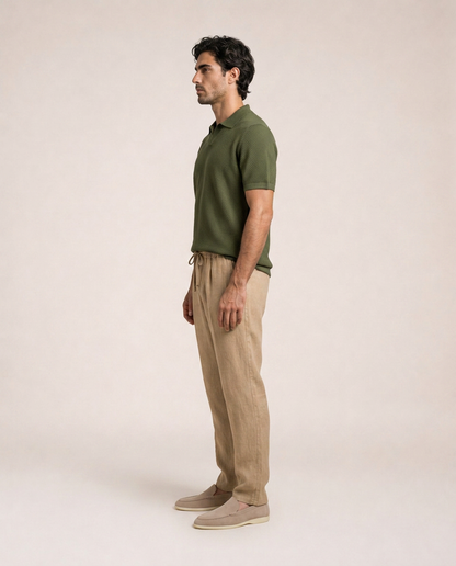 Matteo Cotton Knit Polo side profile olive green textured knit polo shirt