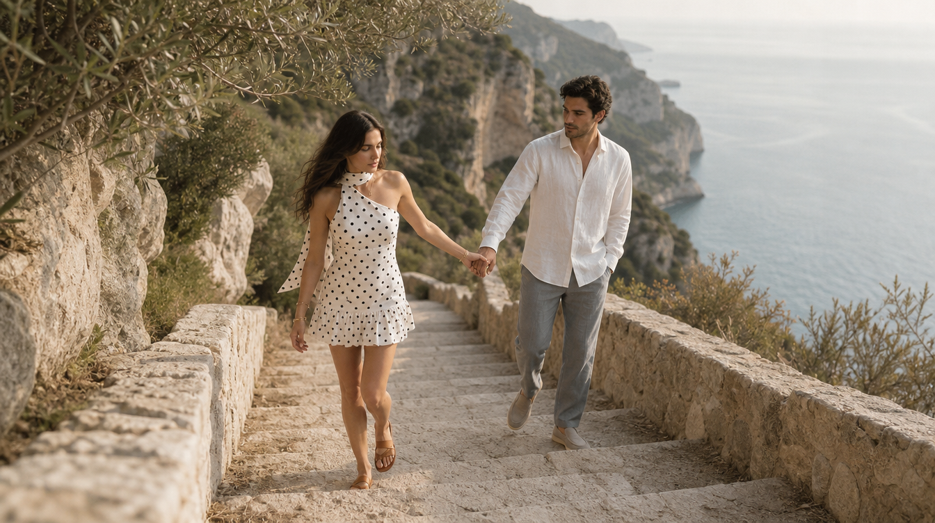 Menielle shoot campaign solara polka dots mini dress and belluno linen shirt with bellagio linen pants 