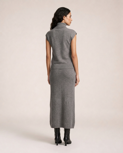 Milan Knit Set in grey featuring a knit top and midi skirt, back view