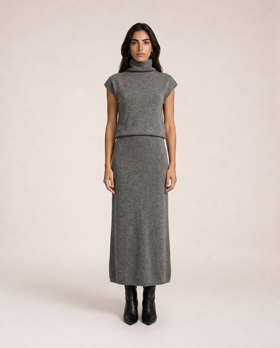 Milan Knit Set in grey featuring a high neck top and midi skirt
