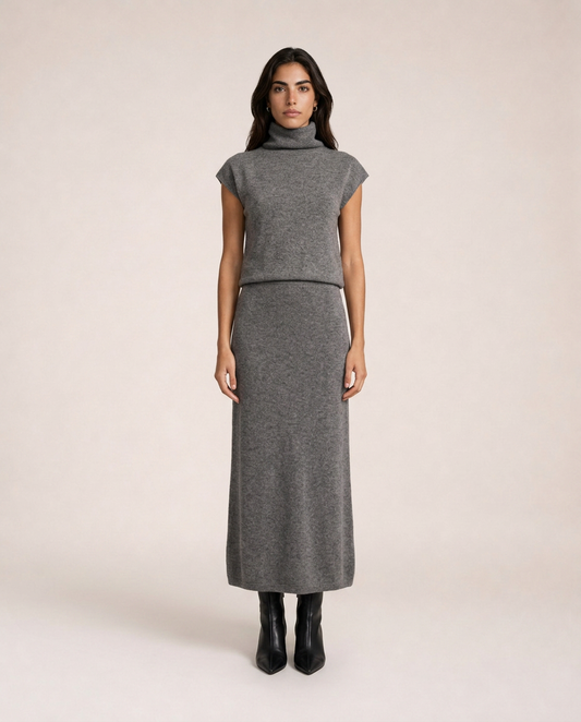 Milan Knit Set in grey featuring a high neck top and midi skirt